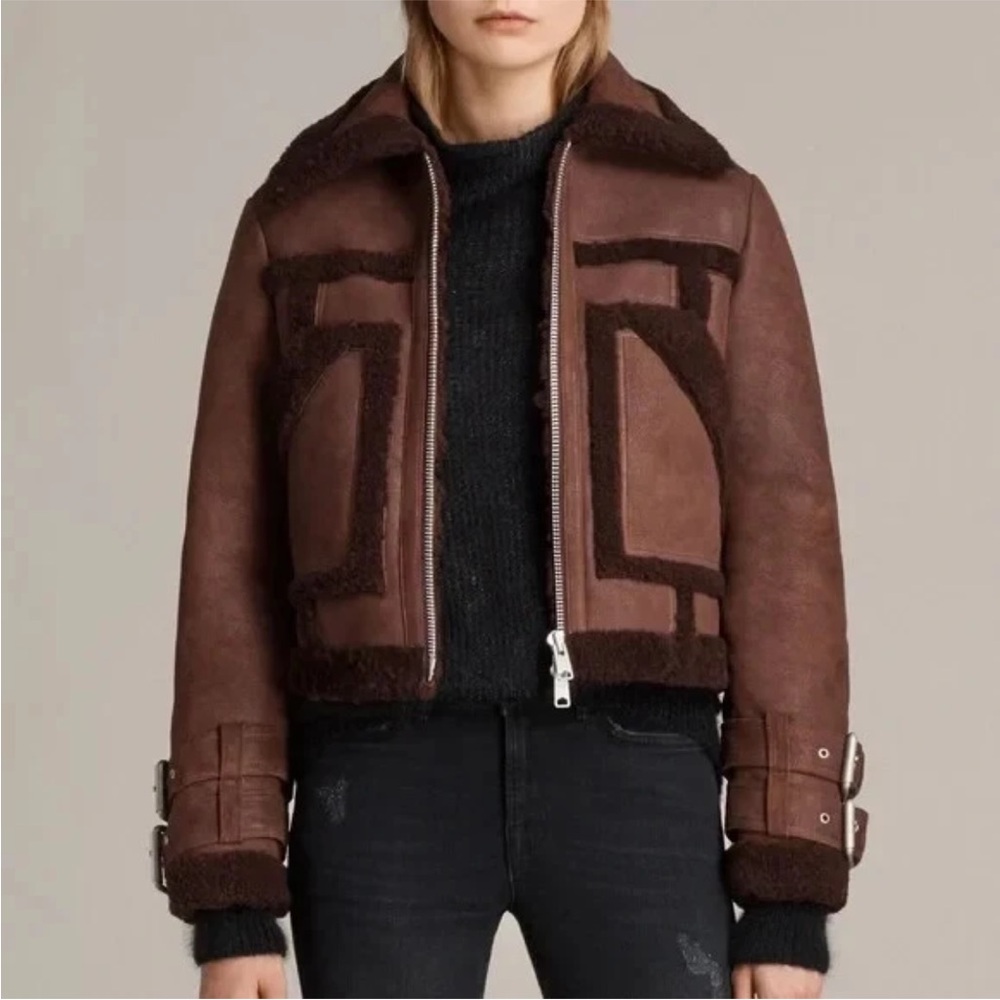All Saints Brown Shearling-Trim Suede Jacket